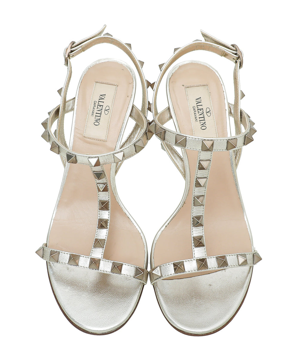 Valentino Metallic Silver Champagne Rockstud T Strap Slingback Heeled Sandals 36