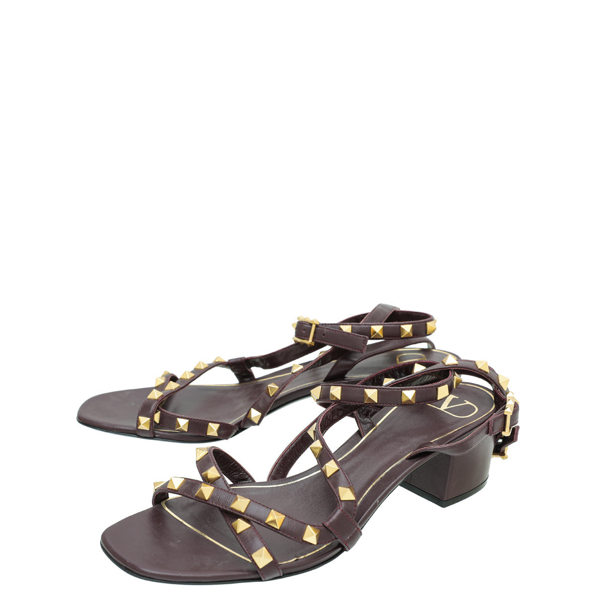 Valentino Burgundy Rockstud Ankle Strap Block Heel Sandals 40