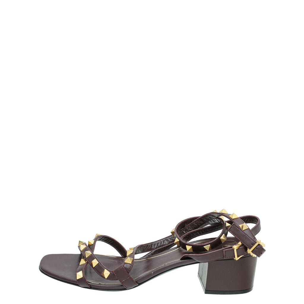 Valentino Burgundy Rockstud Ankle Strap Block Heel Sandals 40