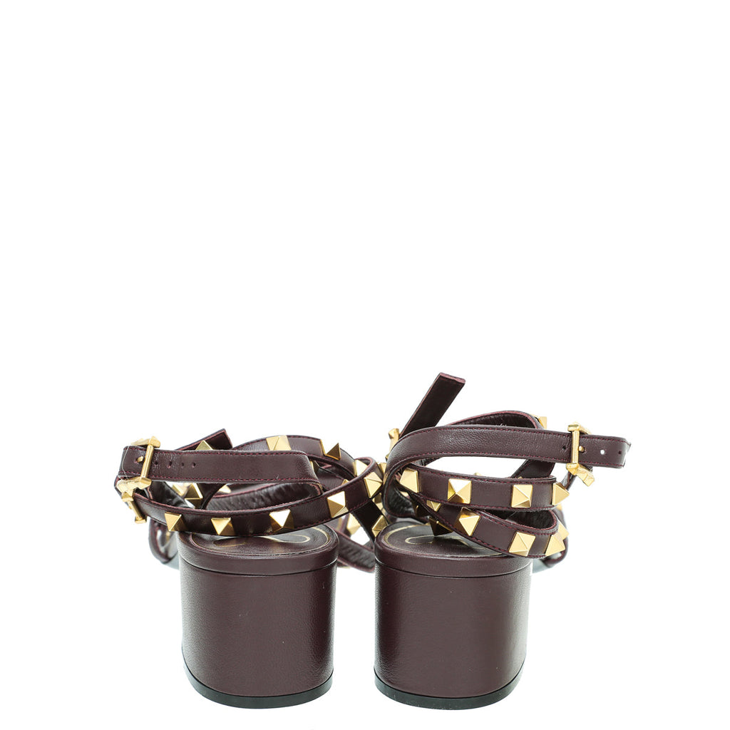 Valentino Burgundy Rockstud Ankle Strap Block Heel Sandals 40
