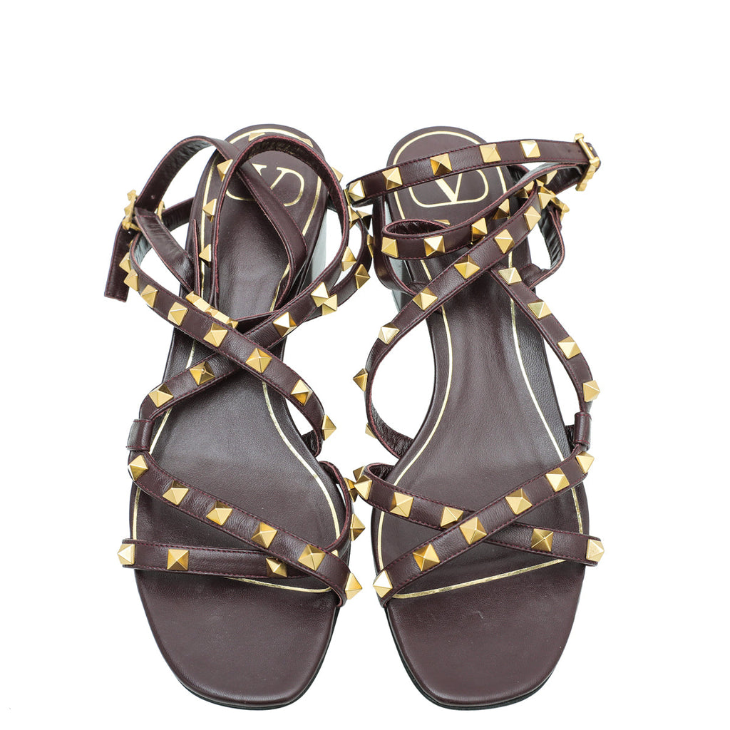 Valentino Burgundy Rockstud Ankle Strap Block Heel Sandals 40