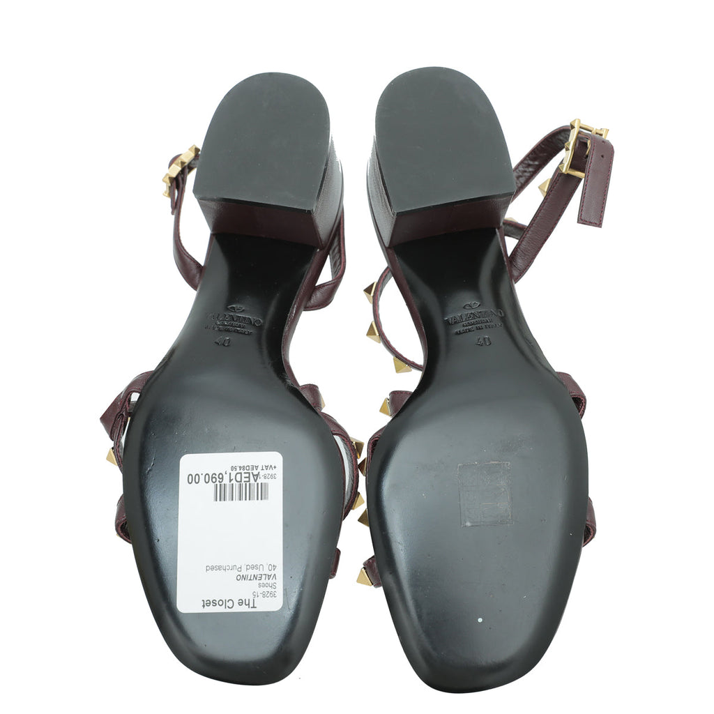 Valentino Burgundy Rockstud Ankle Strap Block Heel Sandals 40