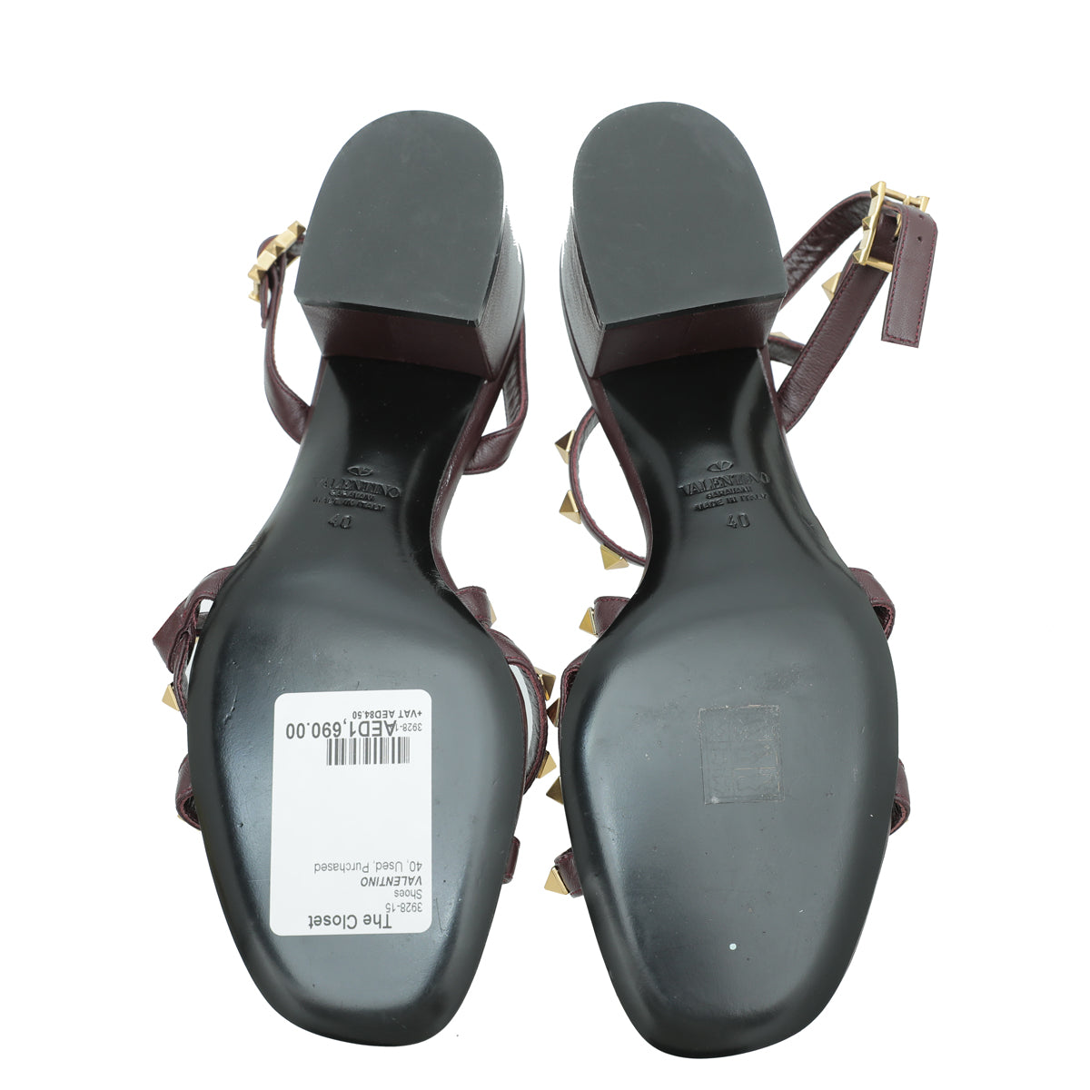 Valentino Burgundy Rockstud Ankle Strap Block Heel Sandals 40