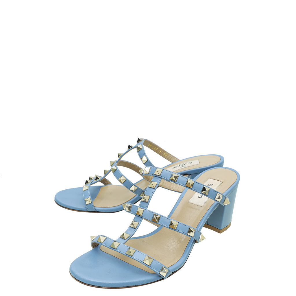 Valentino Blue Rockstud Block Heeled Slide Sandals 38