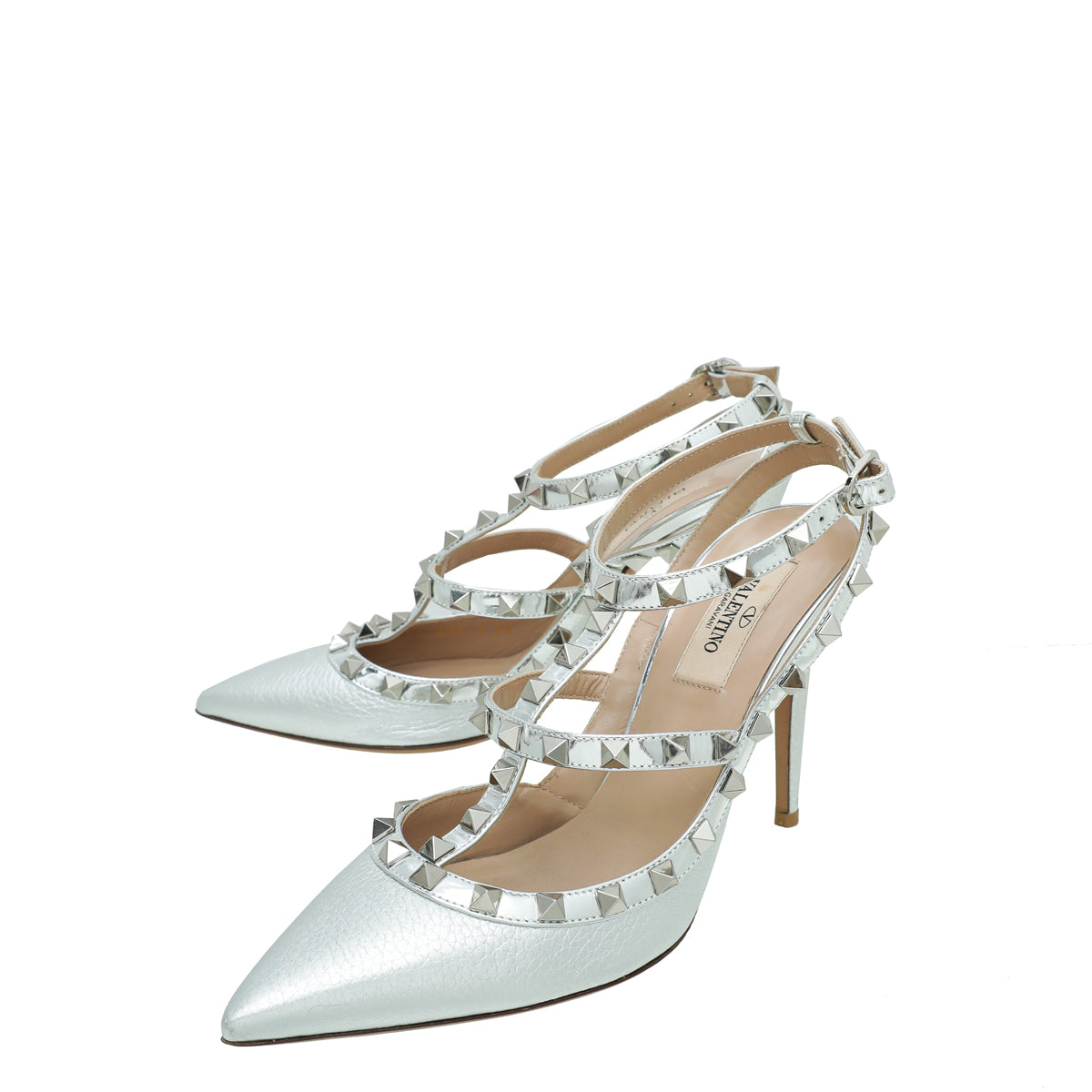 Valentino Silver Rockstud Caged Ankle Strap Pump 38