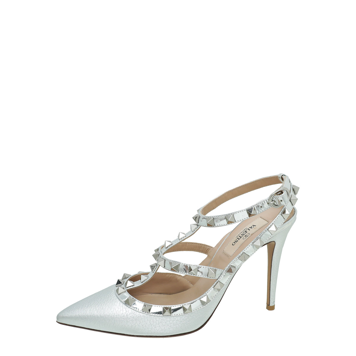 Valentino Silver Rockstud Caged Ankle Strap Pump 38