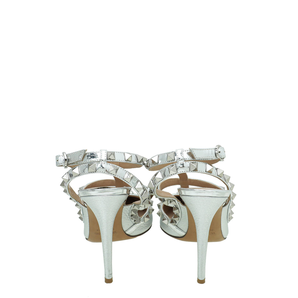 Valentino Silver Rockstud Caged Ankle Strap Pump 38