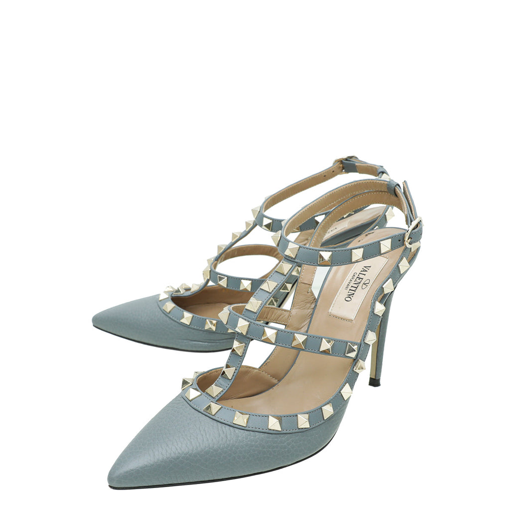 Valentino Light Gray Rockstud Caged Heel Ankle Strap 38