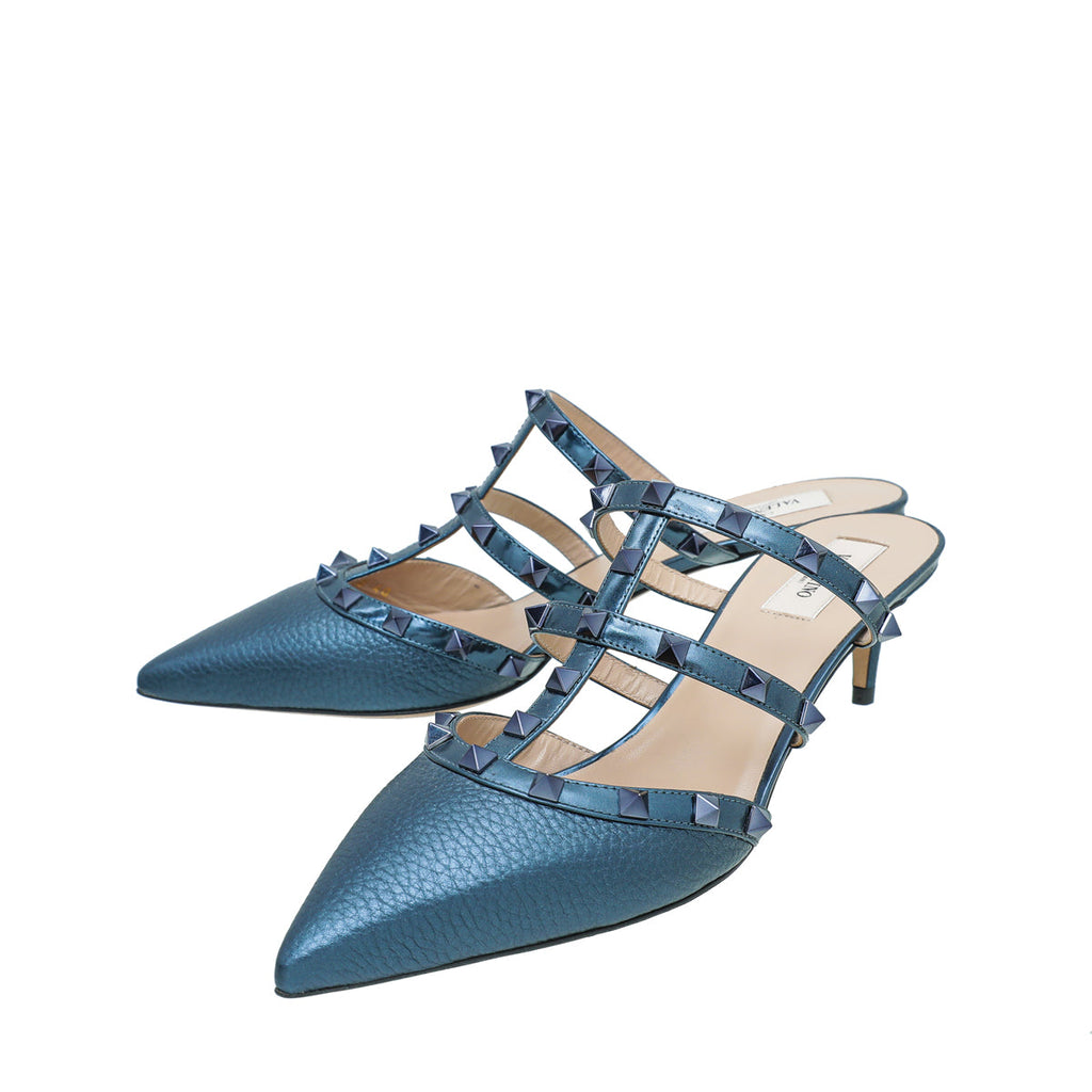 Valentino Metallic Blue Rockstud Mules 40
