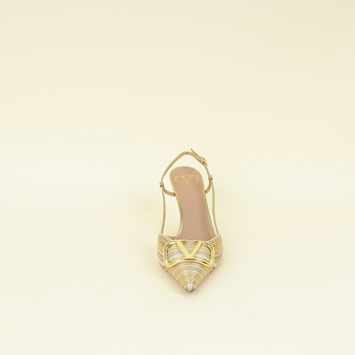 Valentino Metallic Gold Vlogo Signature Slingback Pumps With Cornely Embroidery 38.5