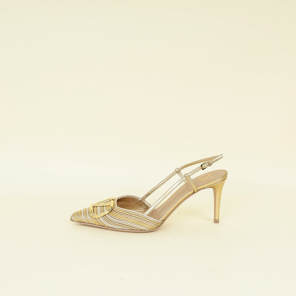 Valentino Metallic Gold Vlogo Signature Slingback Pumps With Cornely Embroidery 38.5