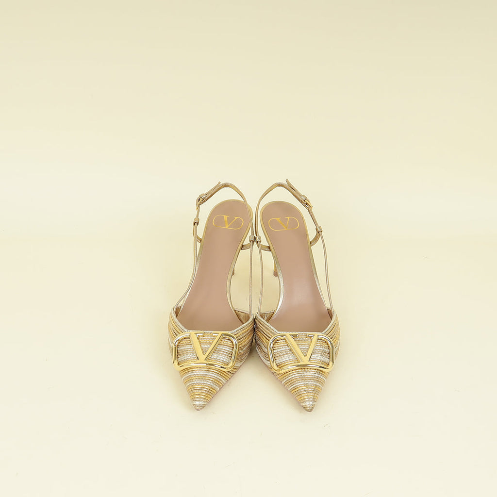 Valentino Metallic Gold Vlogo Signature Slingback Pumps With Cornely Embroidery 38.5
