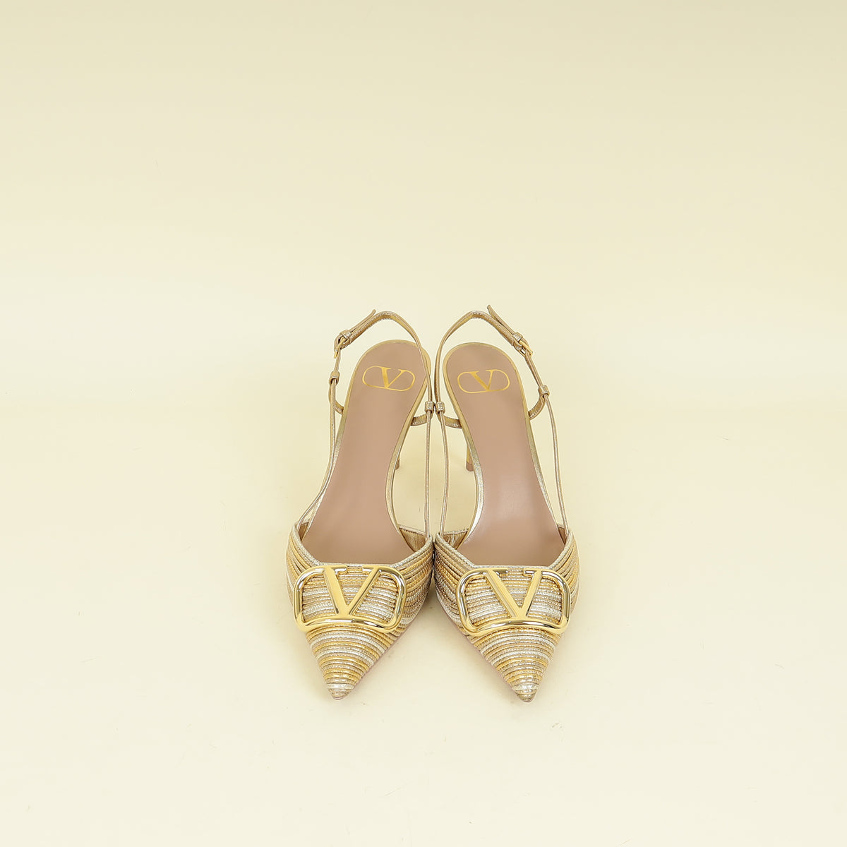 Valentino Metallic Gold Vlogo Signature Slingback Pumps With Cornely Embroidery 38.5