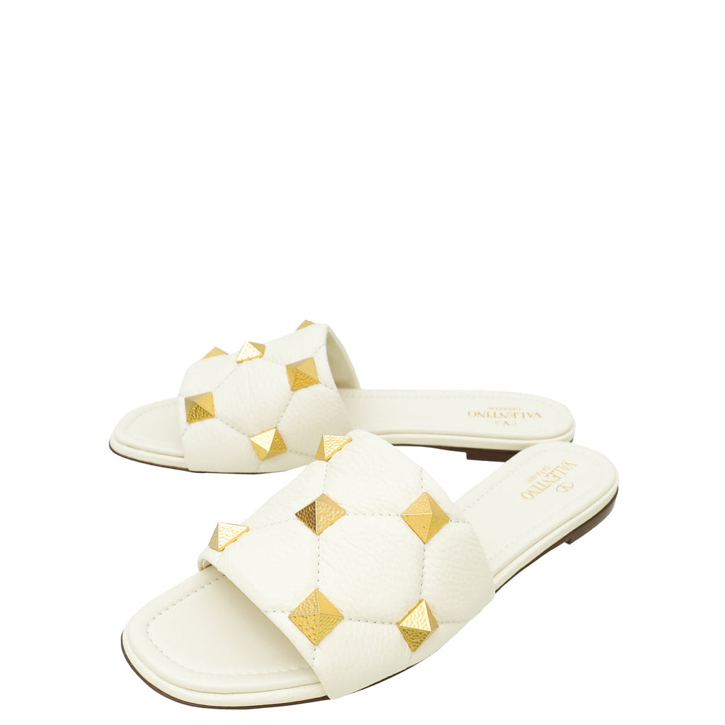 Valentino White Cream Roman Studs Flat Sandal 40.5