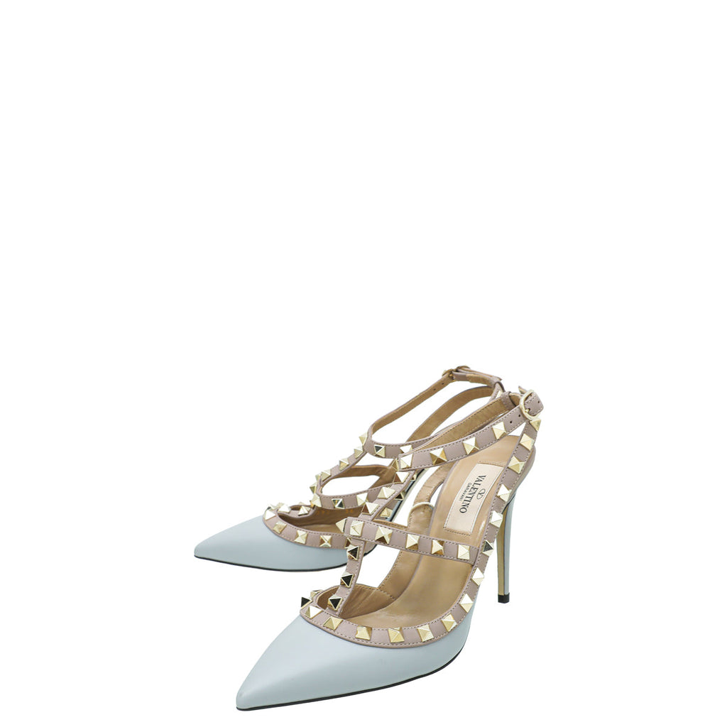 Valentino Pale Grayish Blue Rockstud Caged Ankle Strap Pumps 36