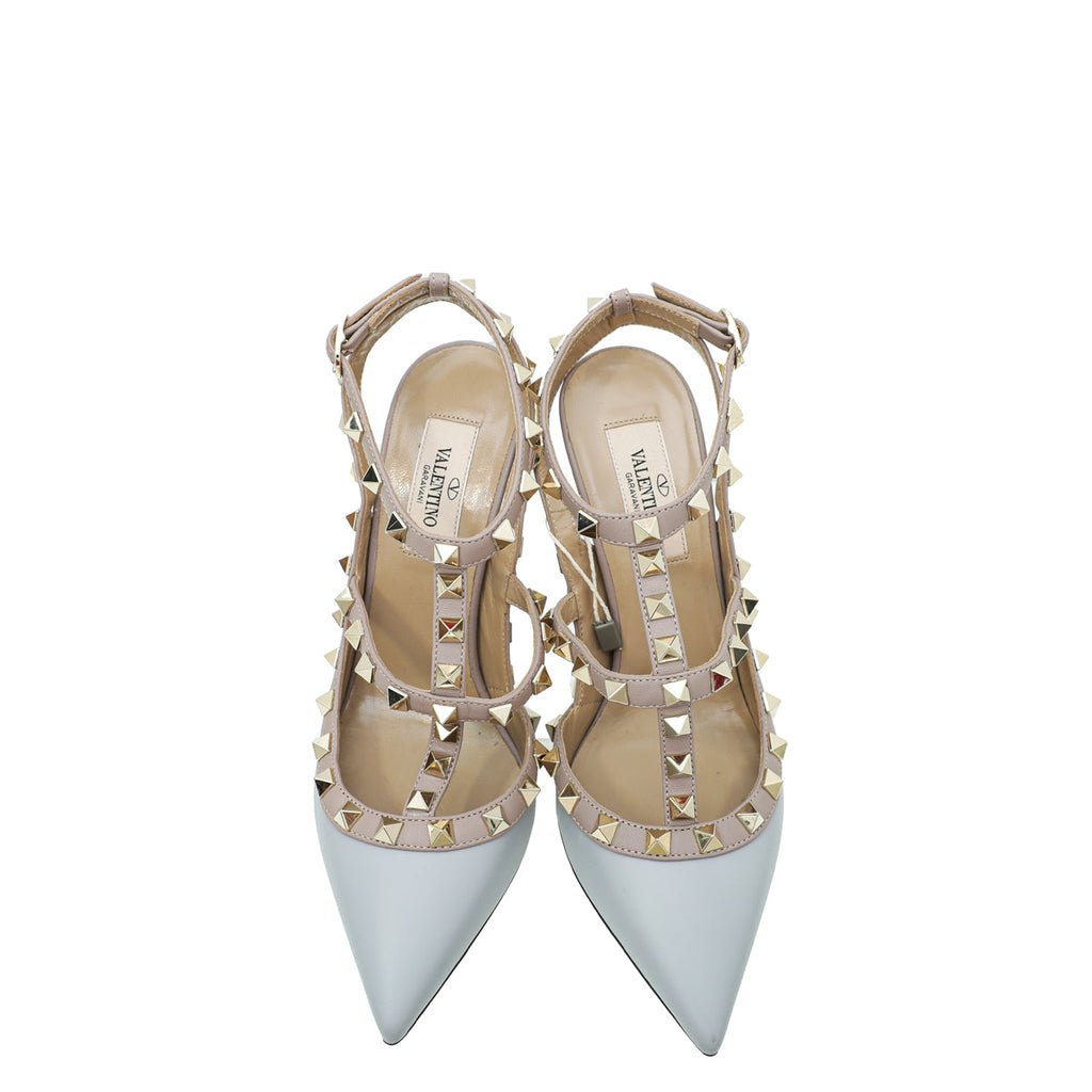 Valentino Pale Grayish Blue Rockstud Caged Ankle Strap Pumps 36