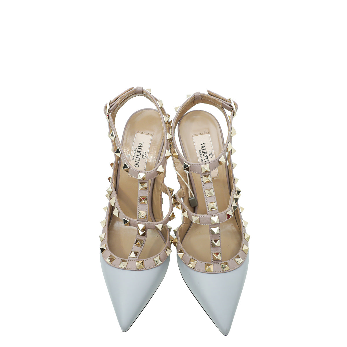 Valentino Pale Grayish Blue Rockstud Caged Ankle Strap Pumps 36