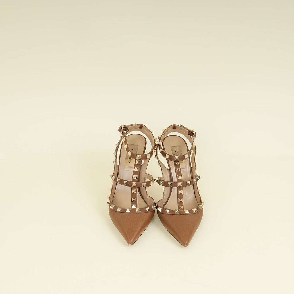 Valentino Brown Rockstud Caged Ankle Strap Pump 37.5