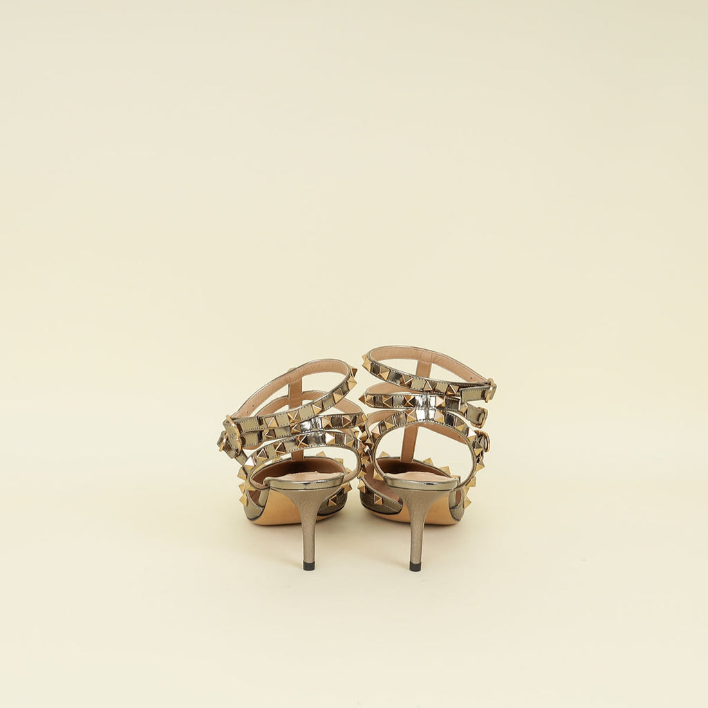 Valentino Metallic Bronze Rockstud Caged Ankle Strap Pumps 37.5