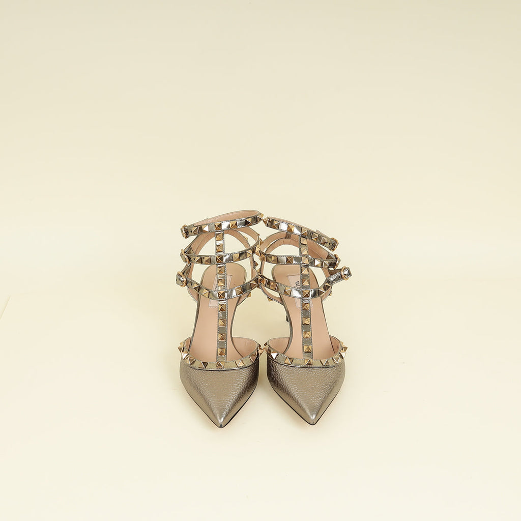 Valentino Metallic Bronze Rockstud Caged Ankle Strap Pumps 37.5