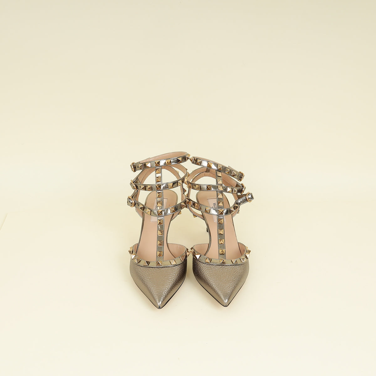 Valentino Metallic Bronze Rockstud Caged Ankle Strap Pumps 37.5