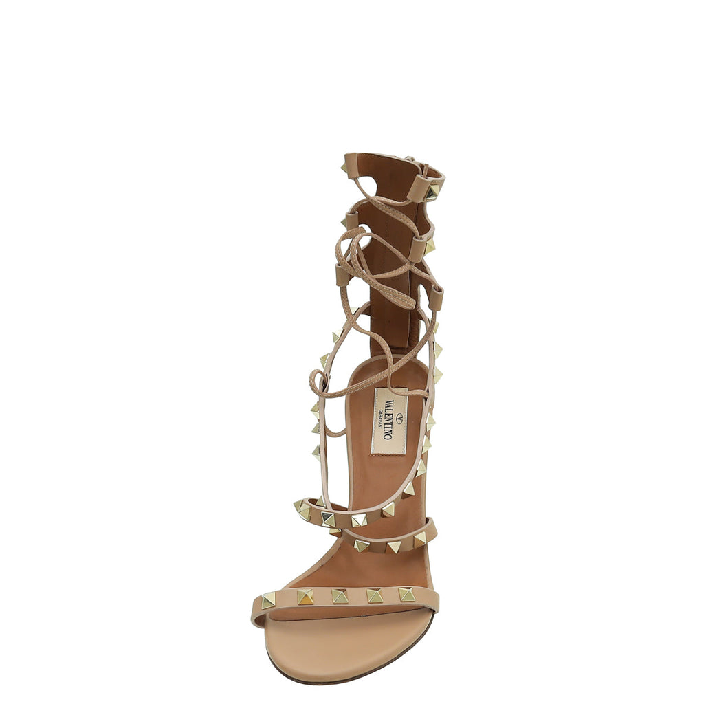 Valentino Light Brown Rockstud Zip Ankle Lace Up Sandals 37.5