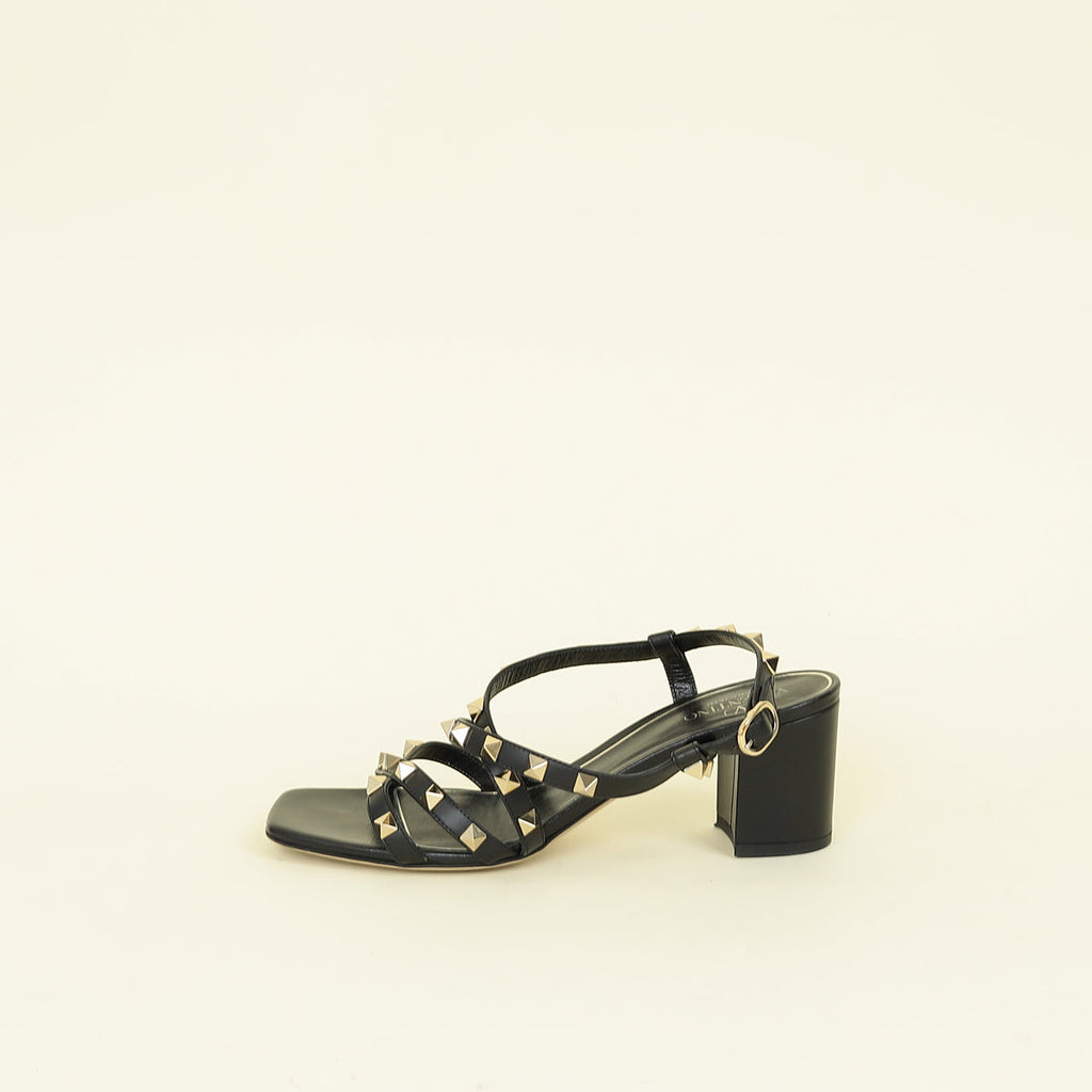 Valentino Black Rockstud Criss Cross Block Heeled Sandals 37.5