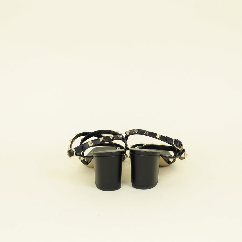 Valentino Black Rockstud Criss Cross Block Heeled Sandals 37.5