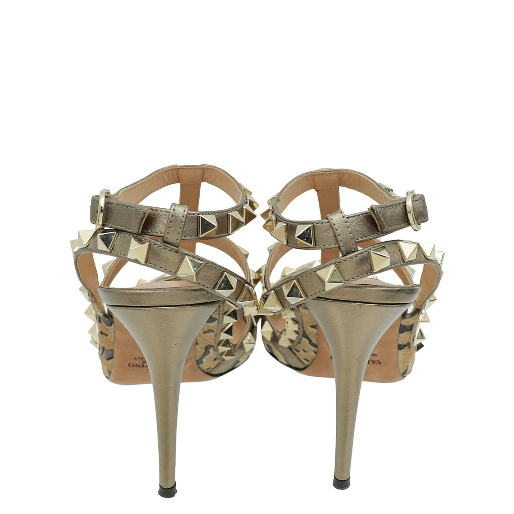 Valentino Bicolor Rockstud Leopard Print Calf Hair Caged Pump 37.5