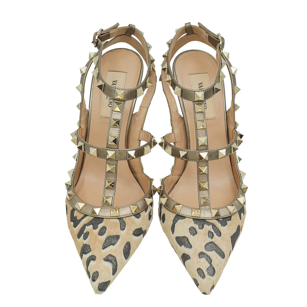 Valentino Bicolor Rockstud Leopard Print Calf Hair Caged Pump 37.5