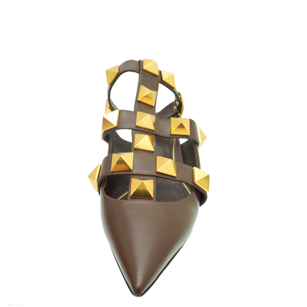 Valentino Chocolate Brown Roman Studs Ankle Strap Flat Sandals 37.5