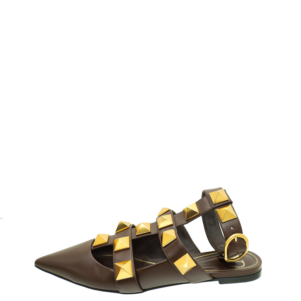 Valentino Chocolate Brown Roman Studs Ankle Strap Flat Sandals 37.5
