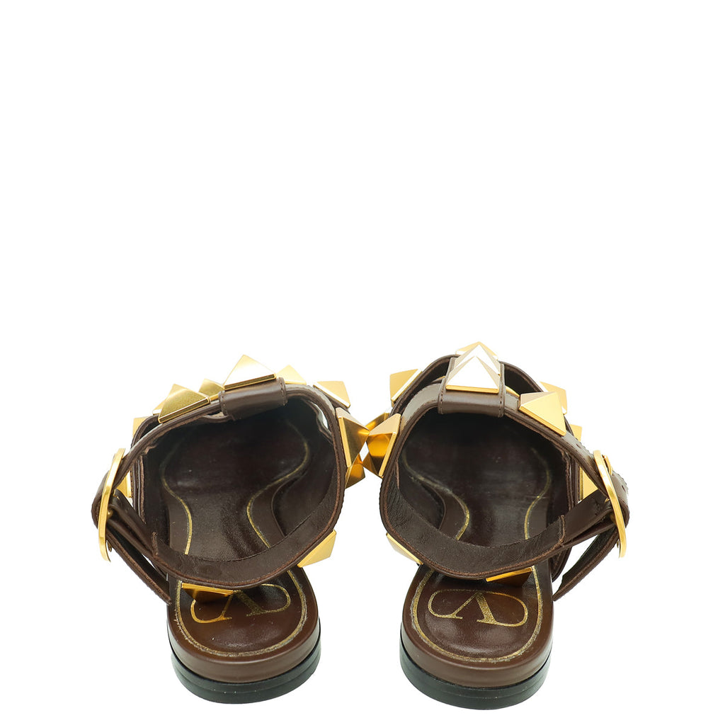 Valentino Chocolate Brown Roman Studs Ankle Strap Flat Sandals 37.5