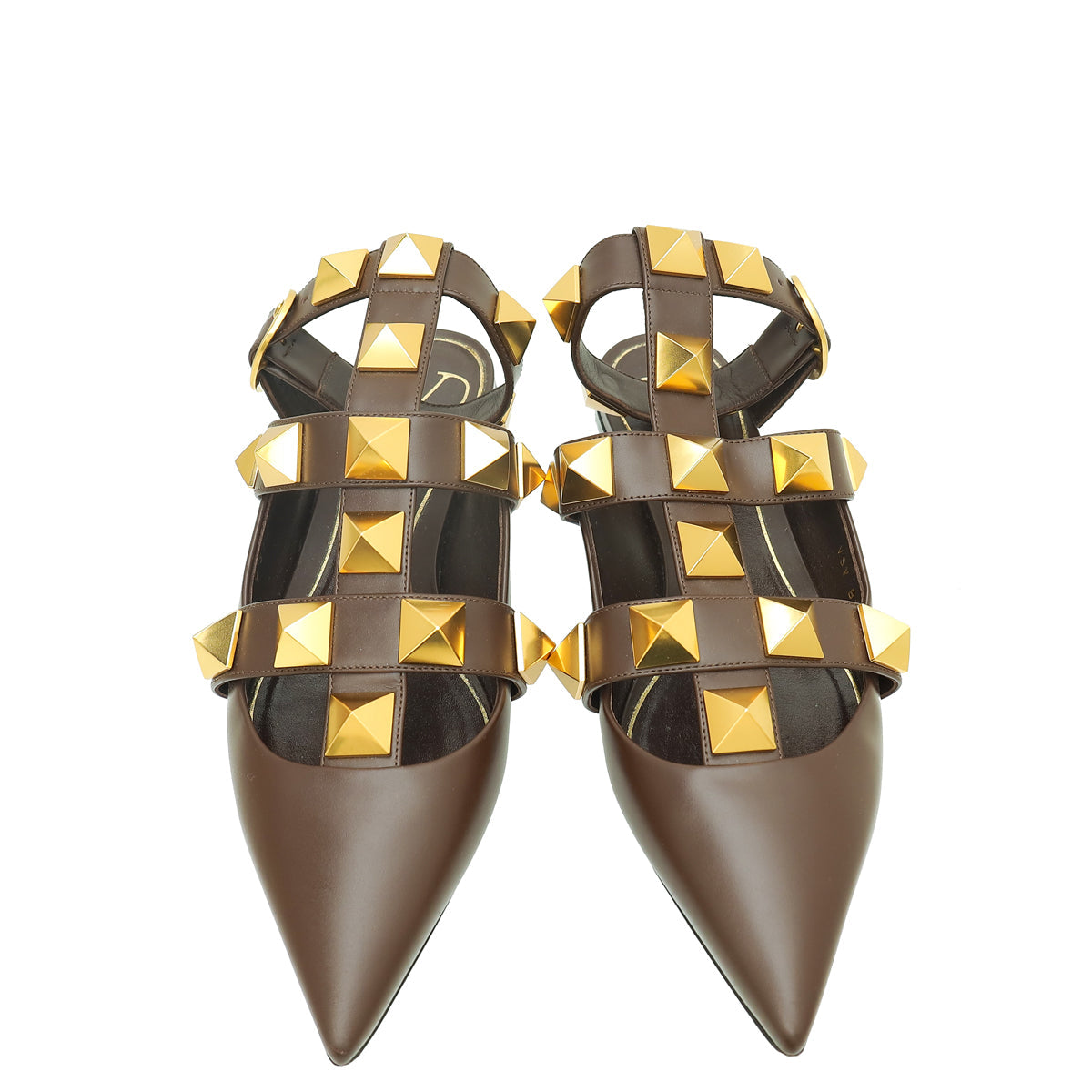 Valentino Chocolate Brown Roman Studs Ankle Strap Flat Sandals 37.5