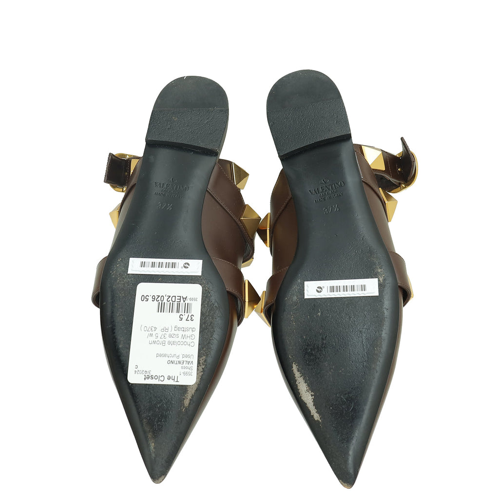 Valentino Chocolate Brown Roman Studs Ankle Strap Flat Sandals 37.5