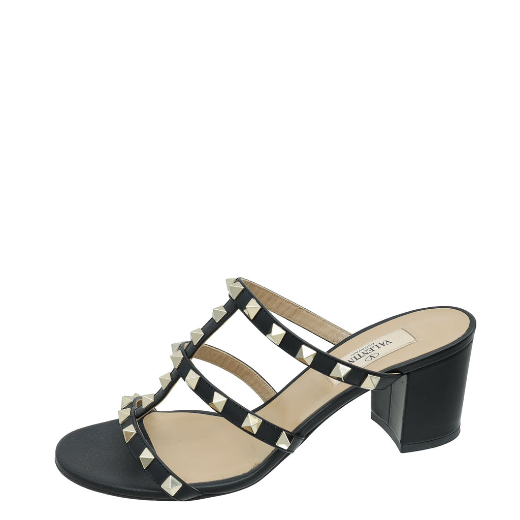 Valentino Black Rockstud Block Heeled Slide Sandals 37