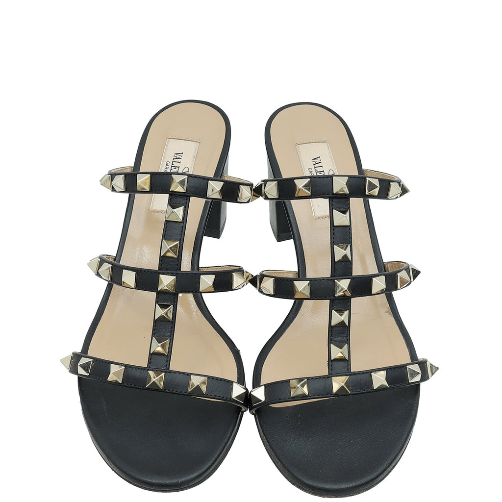 Valentino Black Rockstud Block Heeled Slide Sandals 37