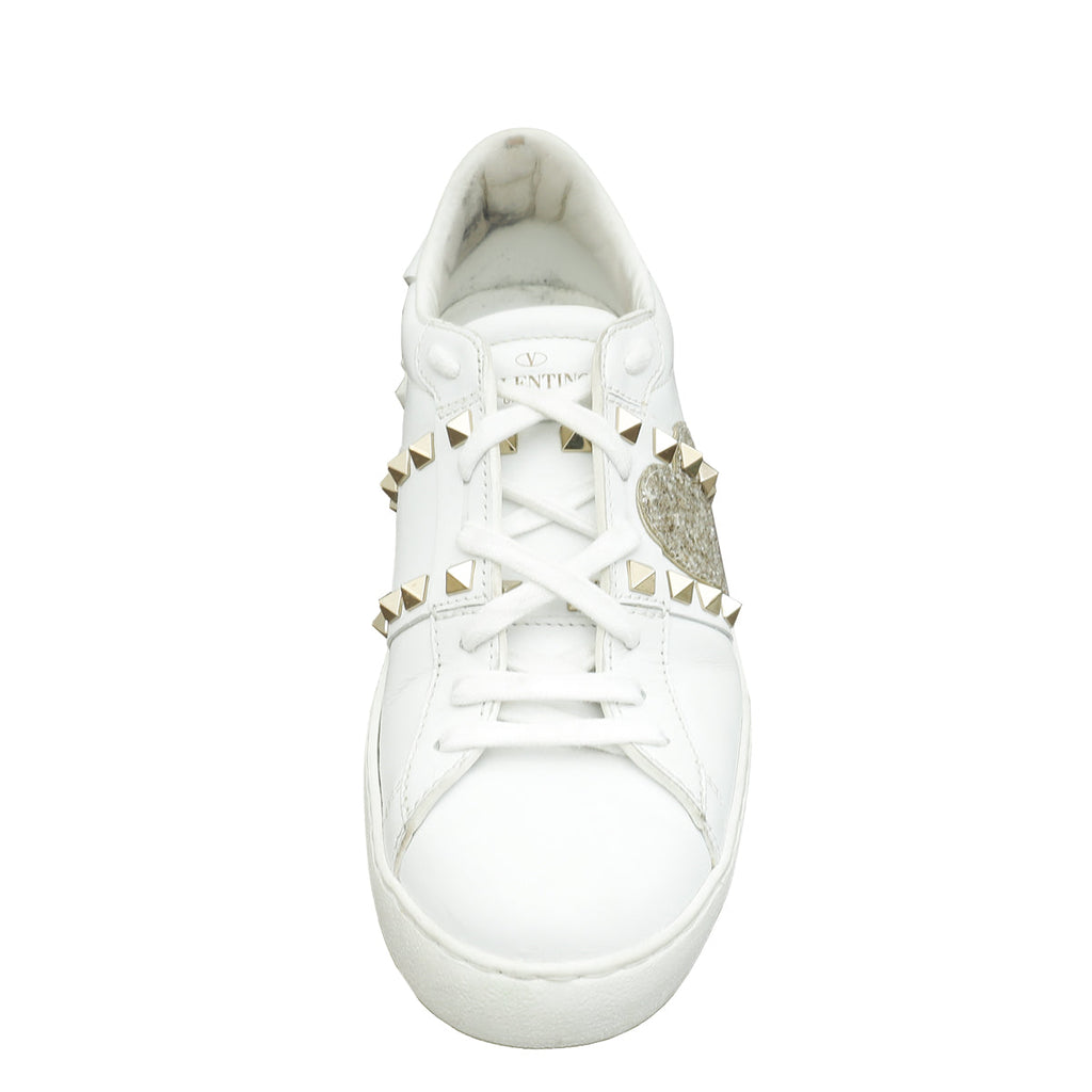 Valentino White Rockstud Heart Embroidered Untitled Open Sneaker 38.5