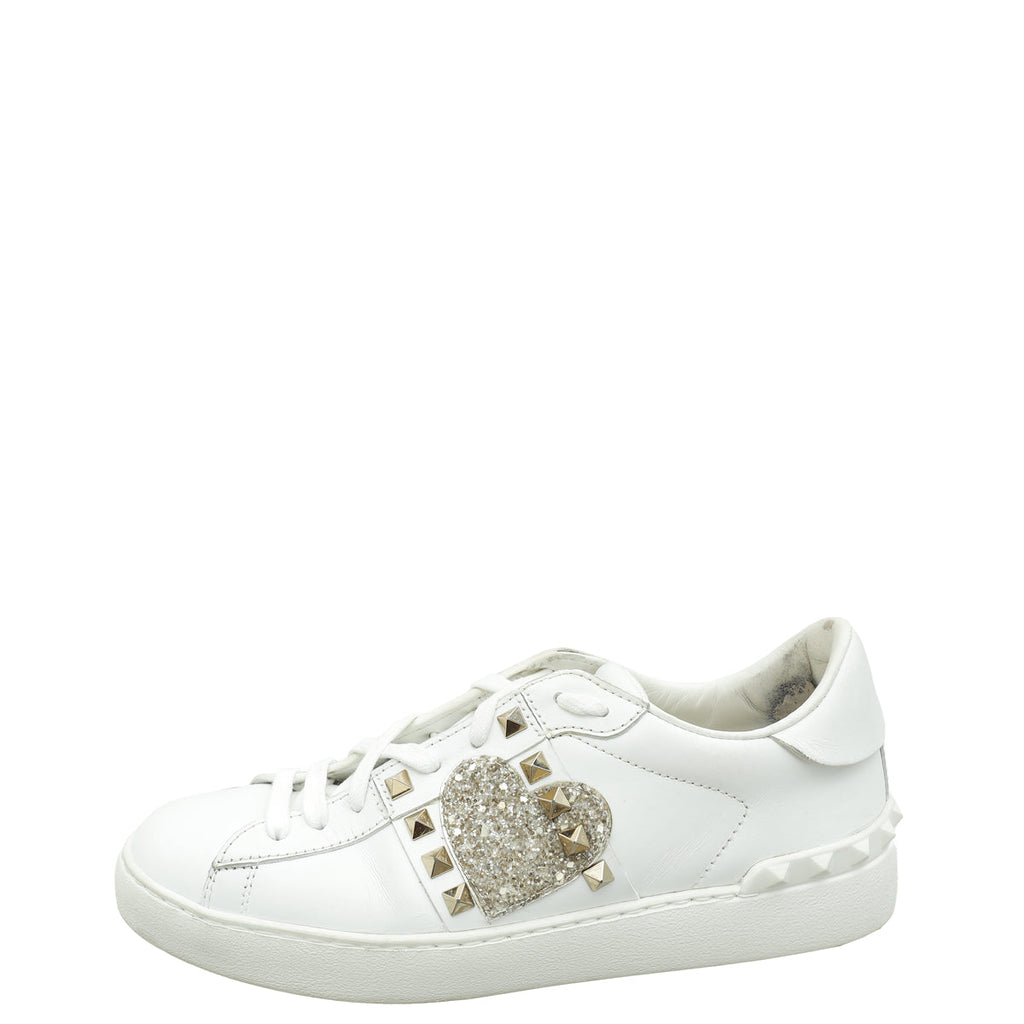 Valentino White Rockstud Heart Embroidered Untitled Open Sneaker 38.5