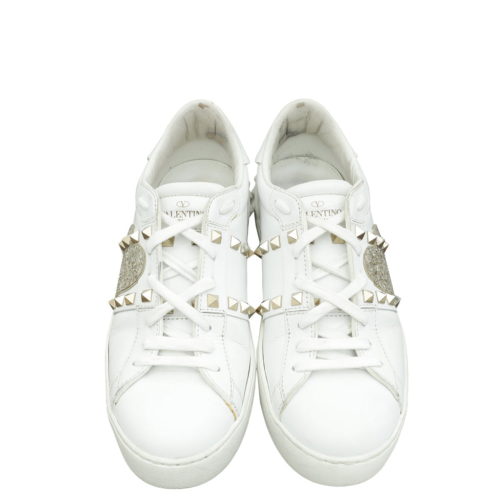 Valentino White Rockstud Heart Embroidered Untitled Open Sneaker 38.5