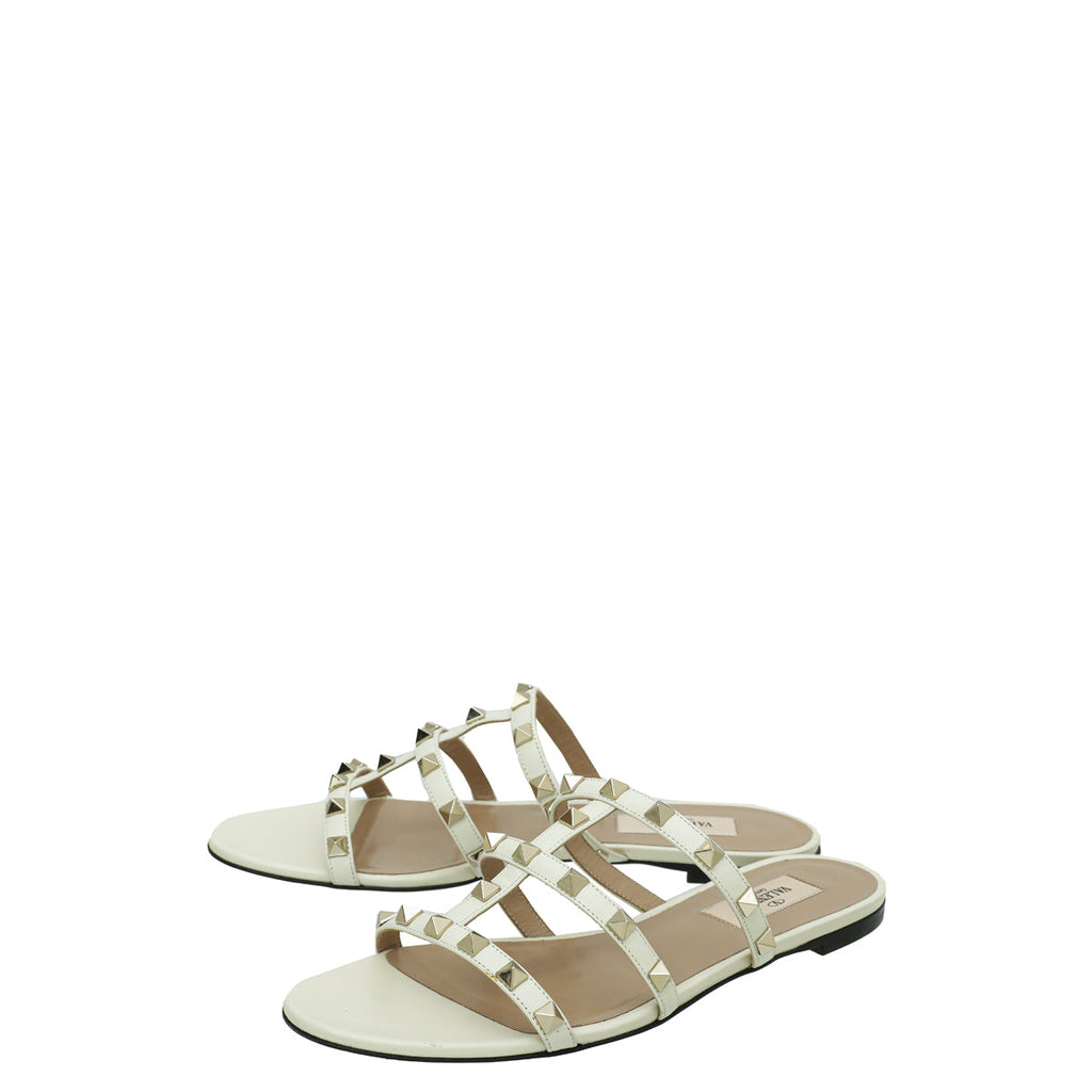Valentino White Rockstud Flat Slides 38