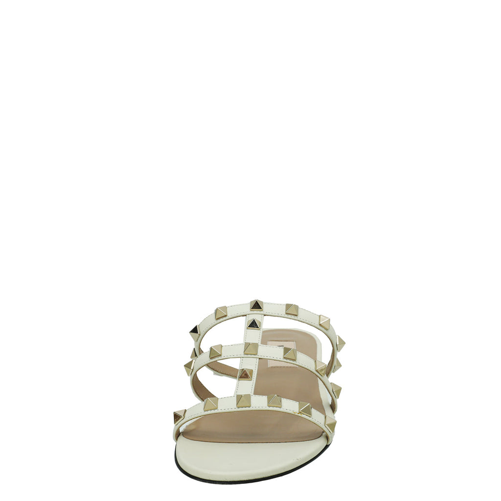 Valentino White Rockstud Flat Slides 38