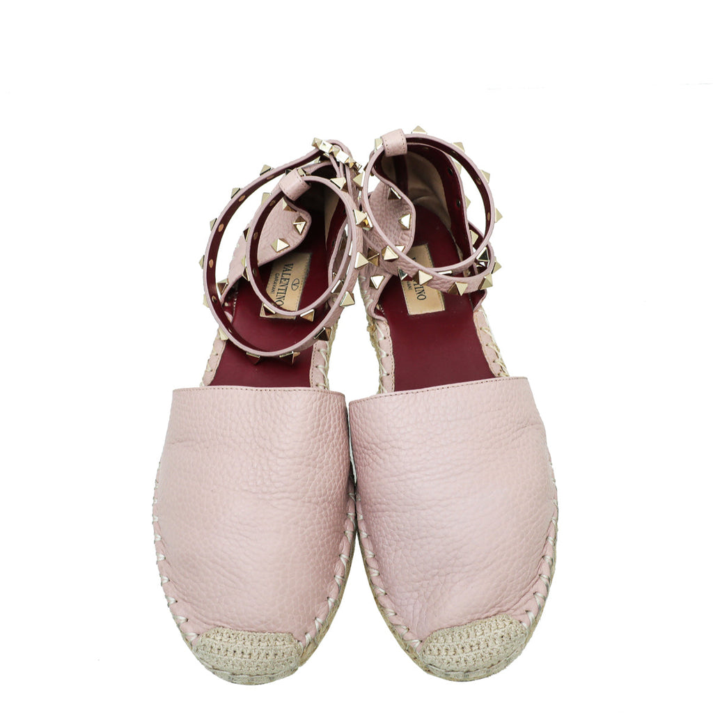 Valentino Light Pink Rockstud Ankle Strap Flat Espadrille 38