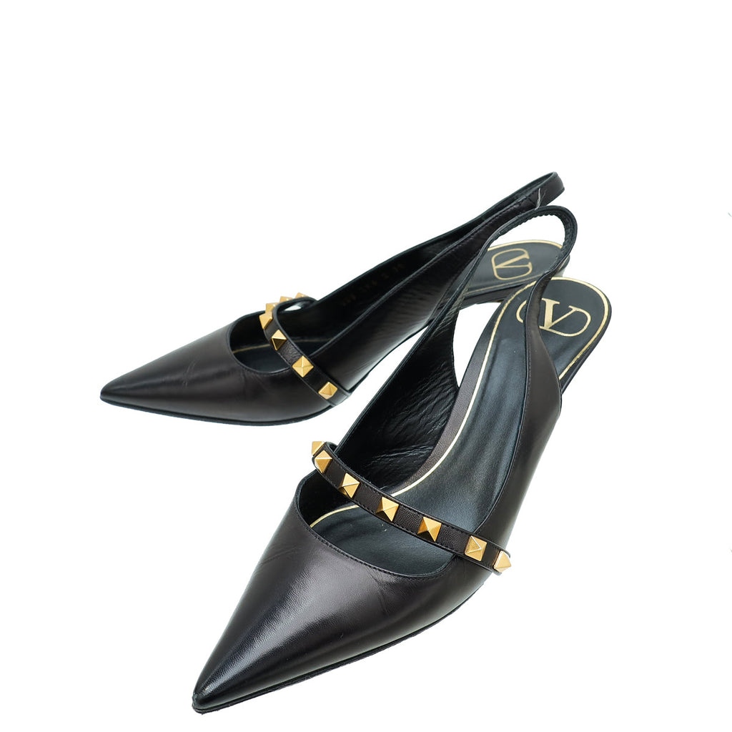 Valentino Black Rockstud Slingback Sculpted Heels 38