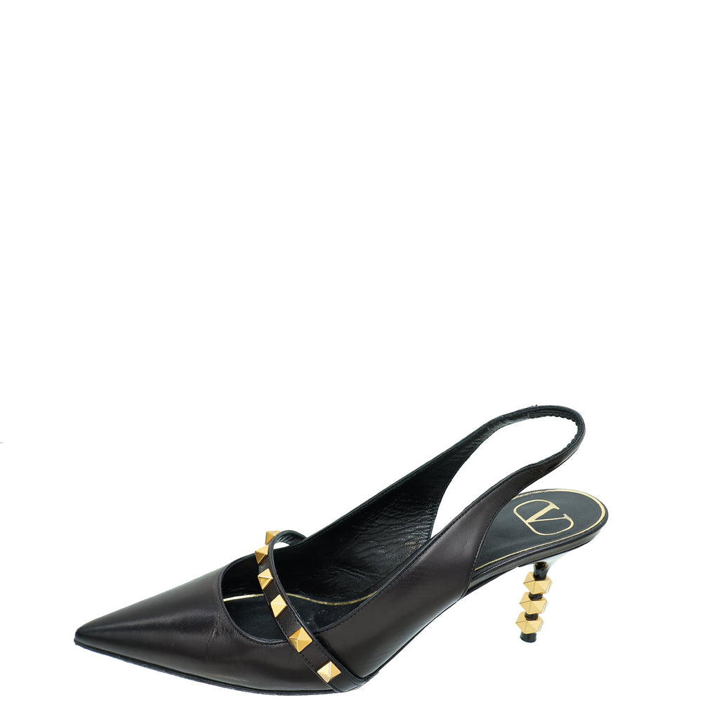 Valentino Black Rockstud Slingback Sculpted Heels 38