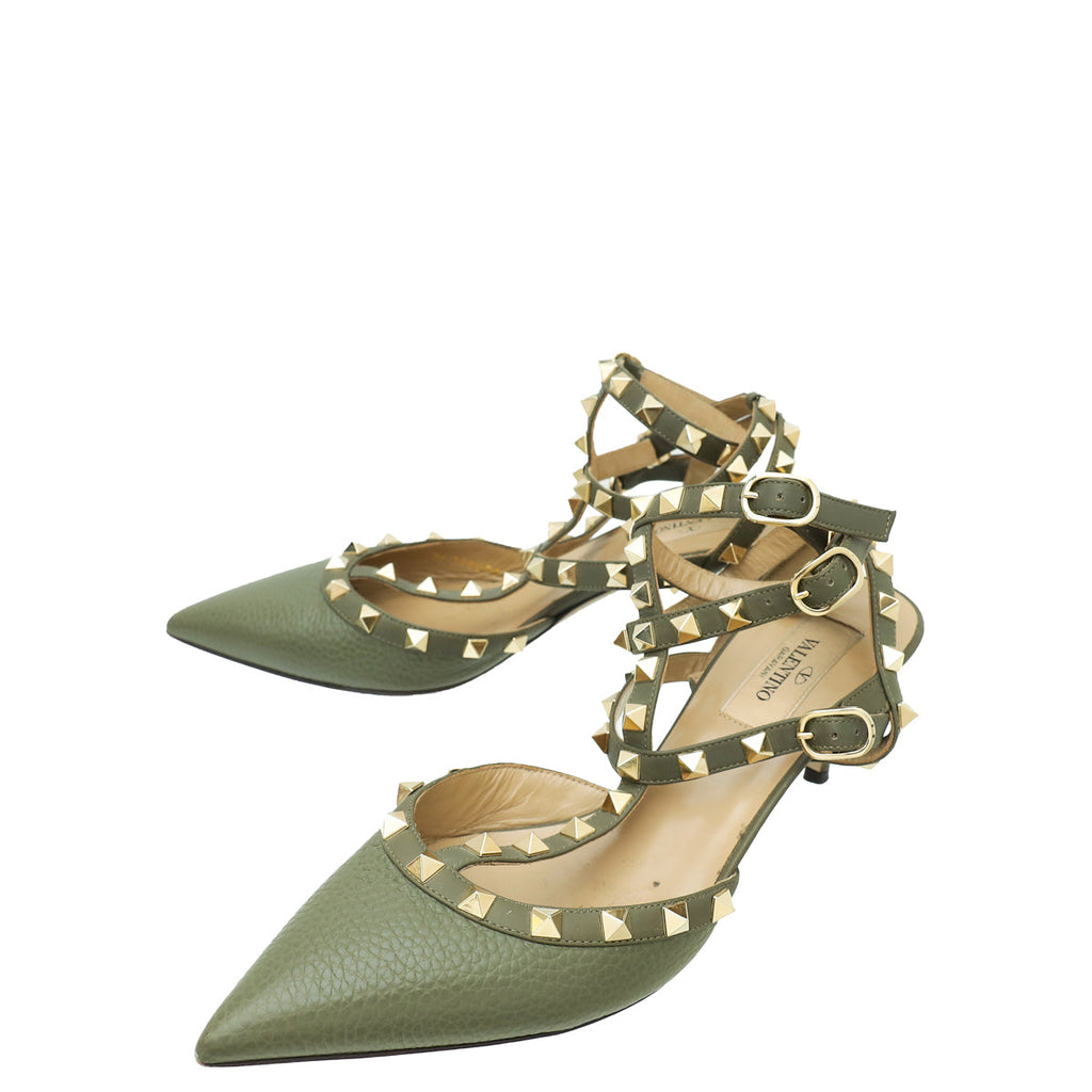 Valentino Olive Green Rockstud Caged Ankle Strap Pump 38