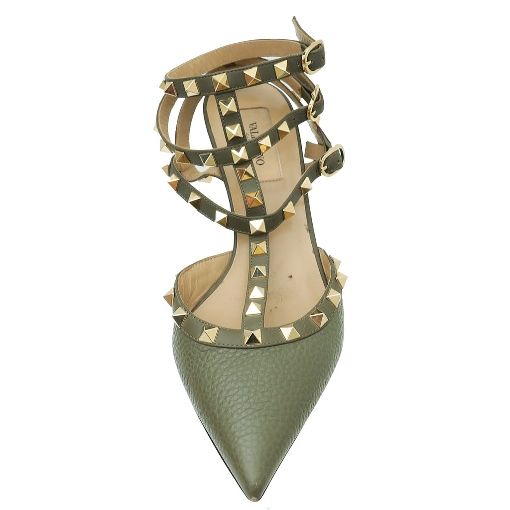 Valentino Olive Green Rockstud Caged Ankle Strap Pump 38