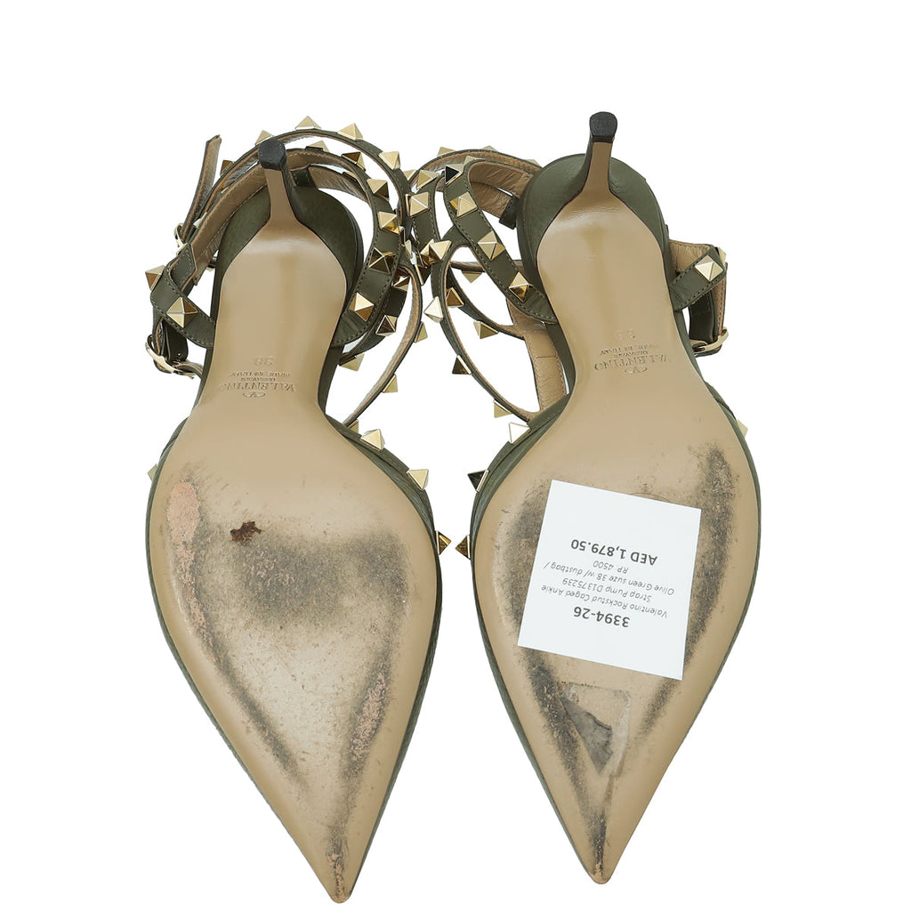 Valentino Olive Green Rockstud Caged Ankle Strap Pump 38
