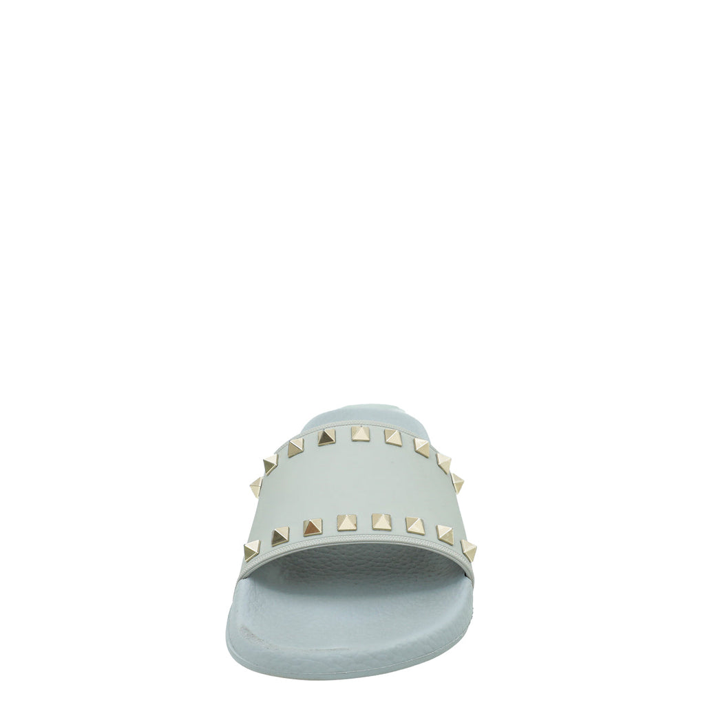 Valentino Pale Blue Rockstud Rubber SLider Sandal 38