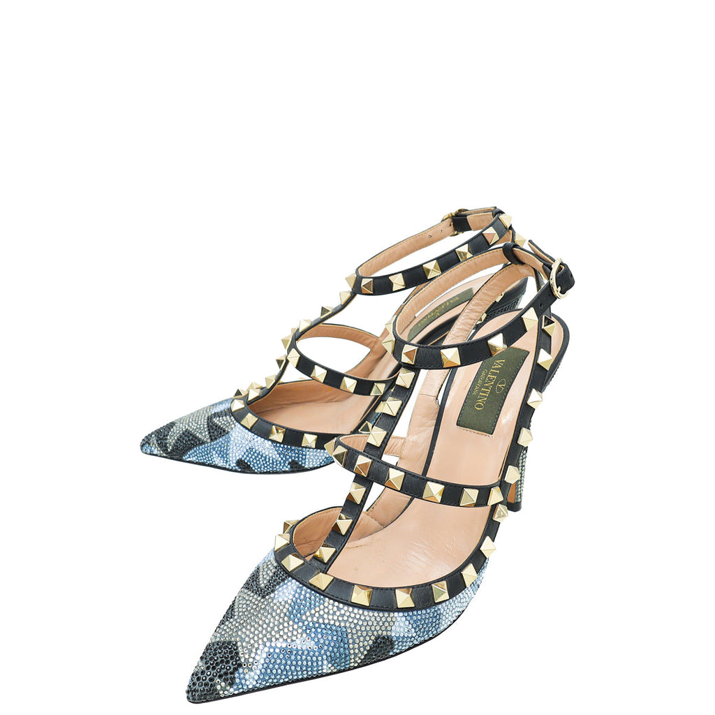 Valentino Bicolor Rockstud Camo Crystal Slingback Pump 38